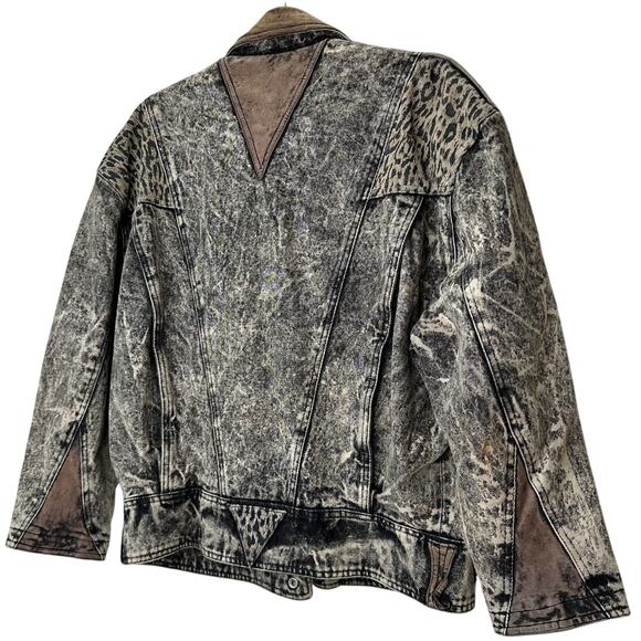 Winlit Vintage Tan Black Suede & Denim Acid Wash Animal Print Biker Jacket S - Picture 14 of 16